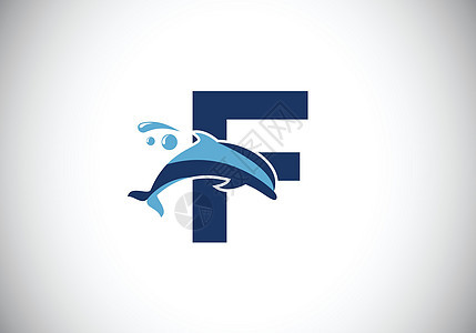 带有海豚标志设计的初始 F 字母组合字母表 水动物图标 字体标志 商业和公司身份的现代矢量标识餐厅海洋冲浪运动品牌海浪野生动物蓝图片