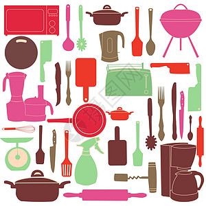 烹饪工具矢量图的烹饪厨房工具午餐饮食厨具烧烤桌子餐厅收藏平底锅插图中风插画