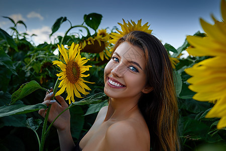 微笑的年轻女子在开阔的向日葵中休息快乐自由日出草地情绪阳光喜悦天气幸福图片