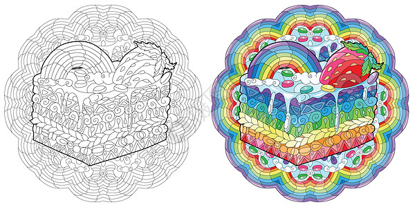 带图案的圆形基材上的装饰蛋糕图案 颜色和轮廓系列图片