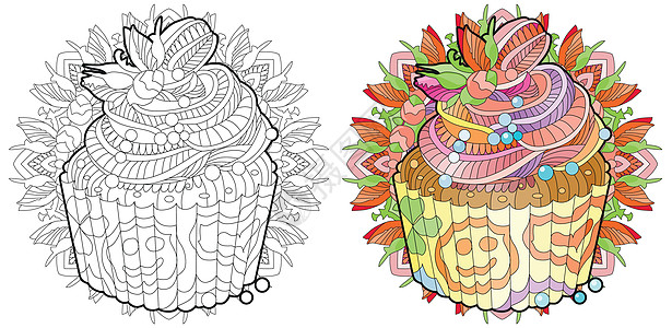 带图案的曼陀罗上的装饰纸杯蛋糕图案 颜色和轮廓系列图片