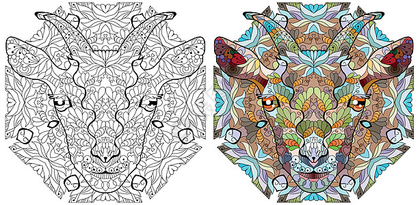 Zentangle 山羊头与曼荼罗 手绘装饰矢量图着色 颜色和轮廓系列图片