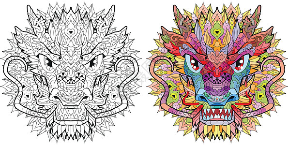 Zentangle 龙头与曼荼罗 手绘装饰矢量图 颜色和轮廓系列图片