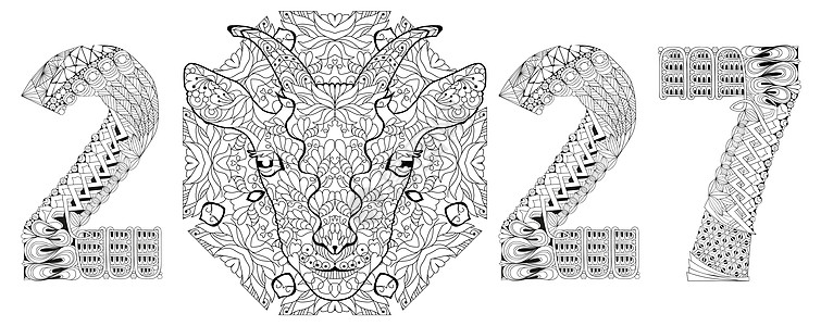 Zentangle 程式化的山羊编号 2027 手绘花边矢量图 colorin图片