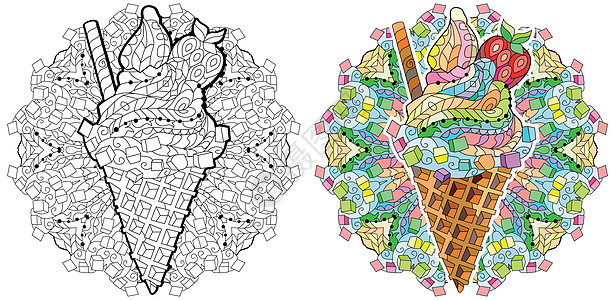 带有曼陀罗的冰淇淋以黑白轮廓绘制 用于着色页 颜色和轮廓系列图片