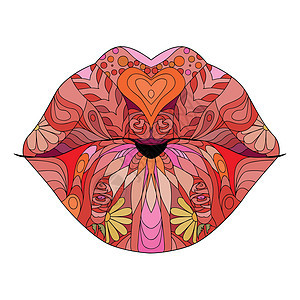 Zentangle 程式化的嘴唇 它制作图案手绘花边矢量艺术装饰成人绘画装饰品女性微笑草图化妆品染色图片