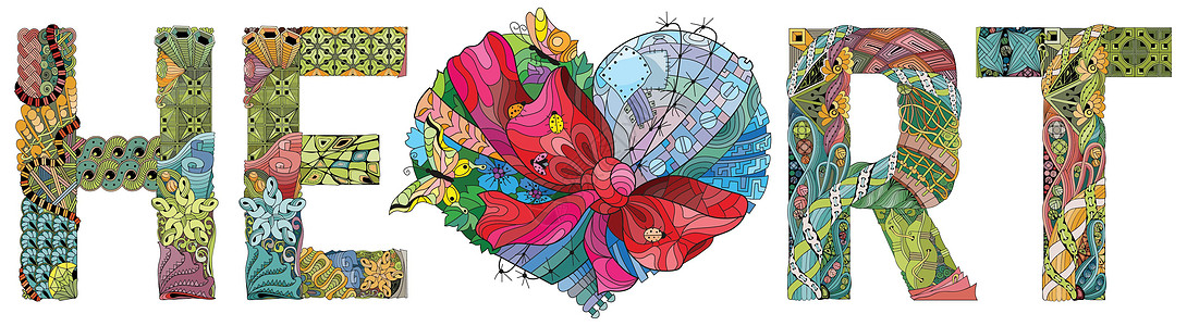 Word HEART 心用带蝴蝶结的丝带系着 用于装饰的矢量 zentangle 对象图片