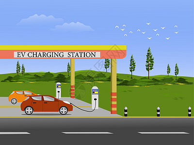一辆电动汽车正在充电站为电池充电 背景是绿色的田野和天空图片