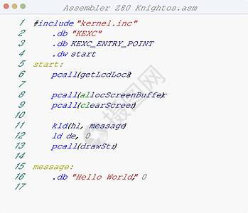 汇编器 Z80 Knightos 语言编辑器窗口中的程序示例图片