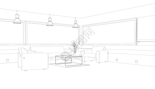 带扶手椅沙发和桌子的室内轮廓 放松的客房 它制作图案矢量草图项目家具椅子蓝图建筑学素描工程计算机房子图片