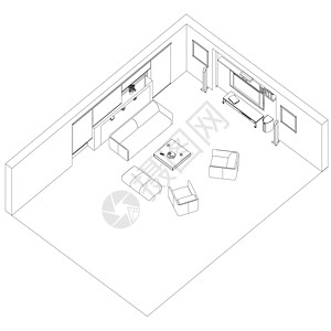 带扶手椅沙发和桌子的室内轮廓 放松的客房 等距视图 它制作图案矢量图片
