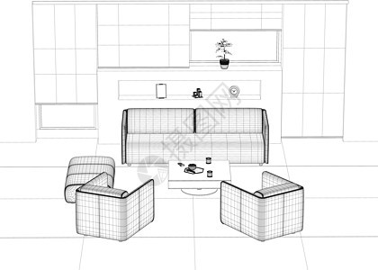 室内轮廓与扶手椅沙发和电视 用于放松的客房的线框  3D 它制作图案矢量住宅架子建筑学计算机技术插图椅子设计家具房间图片