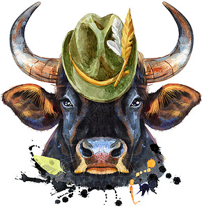 带飞溅的蒂罗尔绿帽黑色强大公牛的水彩插图图片