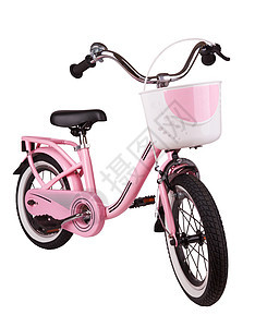 被孤立的粉色儿童自行车踏板孩子篮子座位训练白色橡皮运输驾驶运动图片