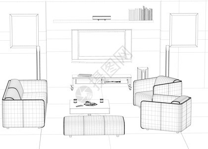 室内轮廓与扶手椅沙发和电视 用于放松的客房的线框  3D 它制作图案矢量计算机插图椅子桌子技术草图建筑学房间住宅家具图片