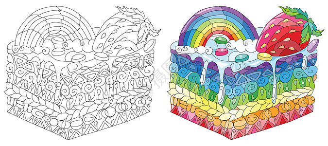 矢量小菜一碟与彩虹和 strawberr禅绕涂鸦杯子调色师成人打印艺术染色甜点糕点图片