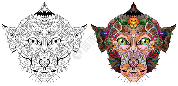 Zentangle 猴子头与曼荼罗 手绘装饰矢量图 颜色和轮廓系列图片