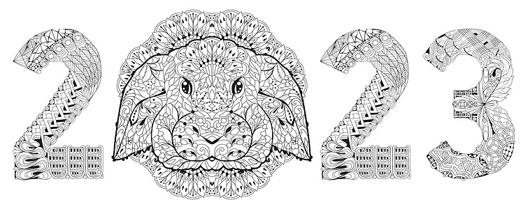 Zentangle 程式化的兔子编号 2023 手绘花边矢量插图为 colorin图片