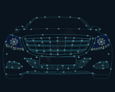 汽车轮廓由深色背景上的蓝线制成 带有发光灯 正视图 它制作图案矢量图片