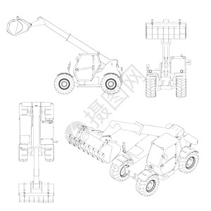 从白色背景上孤立的黑色线条中设置反铲装载机的轮廓 视图 它制作图案矢量图片
