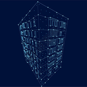 一栋多层建筑的轮廓 由深色背景上的蓝线和发光灯组成  3D 它制作图案矢量图片