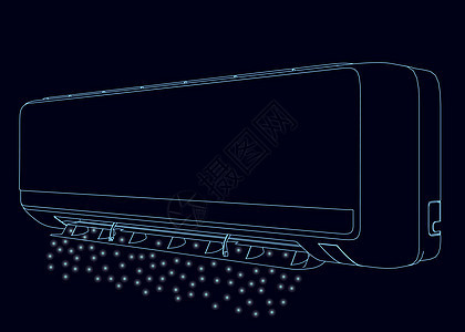 壁挂式空调的轮廓 从深色背景上孤立的蓝色线条中发出发光的灯光 它制作图案矢量图片