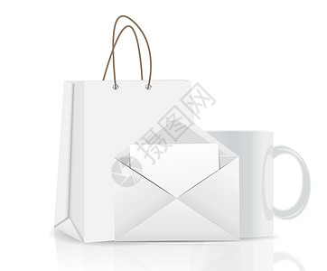 用于广告和品牌矢量制作的空购物袋信封和杯子纸板标签商品礼物购物商业包装精品营销推广图片