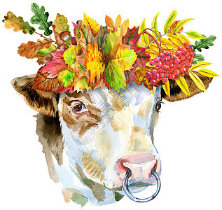一头白牛在秋叶花环中的水彩插图图片