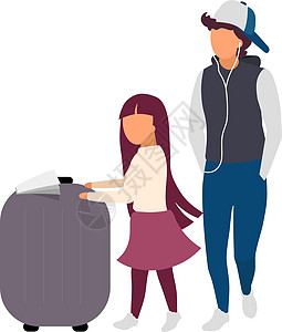 带行李箱的小女孩和青少年平面彩色矢量不露面人物图片