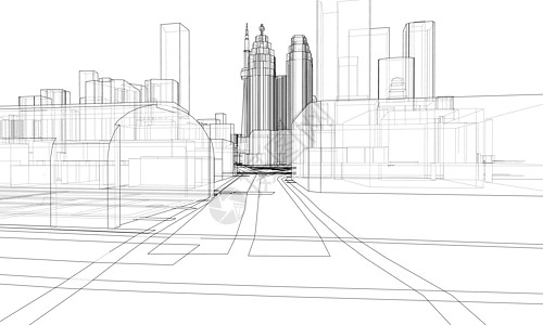 矢量 3d 城市景观 建筑物和道路技术大街建筑摩天大楼框架互联网建筑学草图工程横幅插画