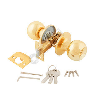 白色背景上的门锁定组件金属旋钮硬件隐私房子黄铜圆圈门把手金子安装图片
