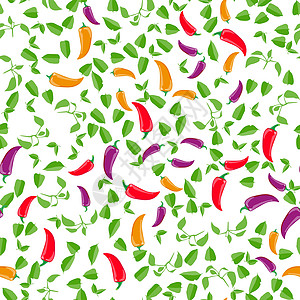 可爱的无缝模式与卡通辣椒食物叶子紫色包装胡椒插图季节纺织品花朵程式化图片