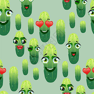 可爱的无缝模式与卡通表情符号黄瓜打印紫色食物植物种植园叶子微笑蔬菜墙纸植物学背景图片