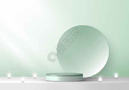 3D舞台绿色讲台基座和带霓虹灯最小场景的圆形背景图片