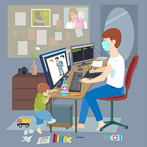 呆在家里 在家自由职业的年轻父亲绘画婴儿封存面具工作插图感染母性爸爸设计师图片