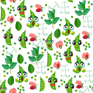 可爱的无缝模式与卡通绿色 pe包装织物叶子种植园植物花朵微笑程式化表情打印图片