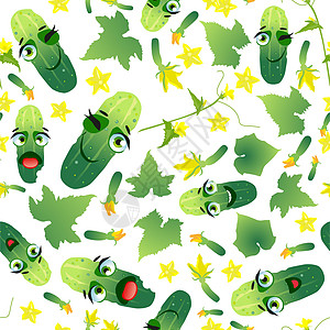 可爱的无缝模式与卡通表情符号黄瓜食物打印植物学插图叶子微笑季节程式化植物蔬菜图片