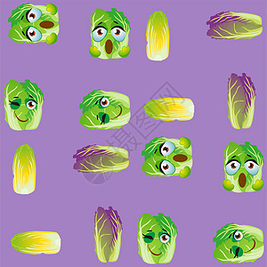可爱的无缝图案与卡通表情大白菜微笑包装植物叶子插图程式化食物植物学季节蔬菜图片