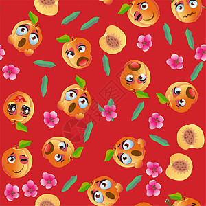 可爱的无缝模式与卡通表情符号桃子植物学墙纸植物食物打印插图叶子微笑纺织品季节图片