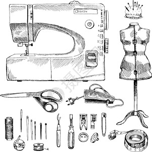 手绘素描缝纫机别针机器艺术配件剪裁工具按钮裁缝孵化工作室图片
