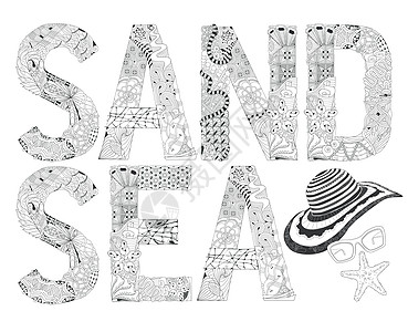 Word SAND 和 SEA 用于着色 矢量装饰 zentangle 对象图片