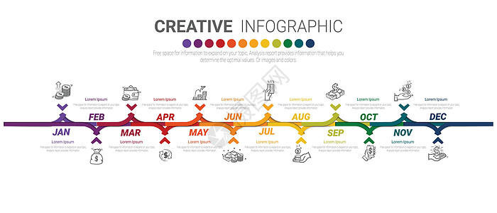 时间线业务 12 个月 1 年时间线信息图表设计项目生长报告数字计划营销时间年度小册子插图图片