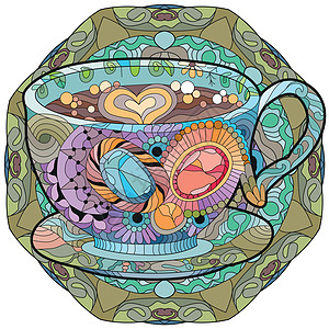 带抽象装饰品的矢量咖啡或茶杯早餐涂鸦艺术调色师植物学禅绕压力沉思时间杯子图片