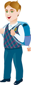 白色背景上背着背包的小学生幼儿园班级插图男性乐趣人物童年夹子孩子绘画图片