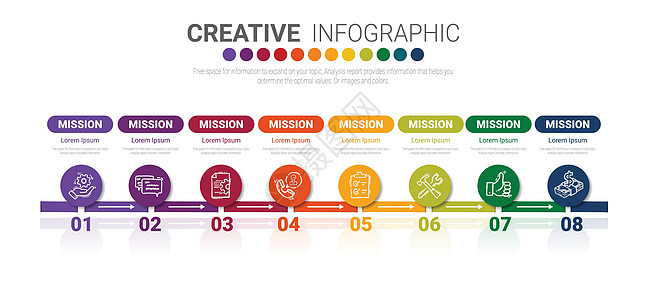 带有数字 8 optio 的信息图表设计模板推介会流程数据历史选项网络报告工作步骤小册子图片