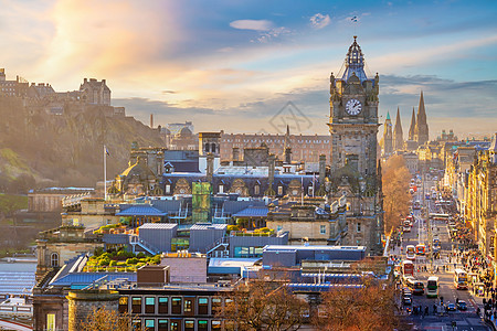 苏格兰爱丁堡老城市天线日落景观天际旅游历史性城堡旅行地标遗产天空图片