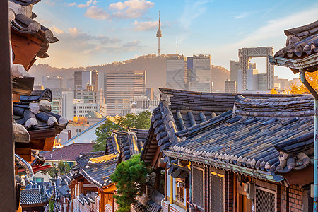韩国首尔的村地标房子村庄旅行建筑学游客日落历史性天际日出图片