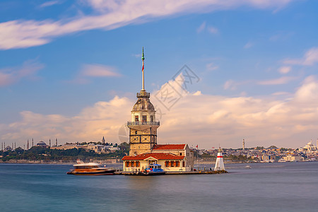 城市灯塔少女塔和伊斯坦布尔市天线城市风景火鸡景观海景天空日落历史建筑地标蓝色旗帜背景