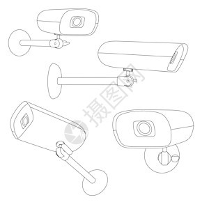 从白色背景上孤立的黑色线条设置街道监控摄像机的轮廓 它制作图案矢量图片