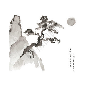 日光或月光下岩石上日本盆景的特写 日本和中国风格的绘画图片